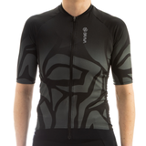 Black and gray cycling jersey with a brand logo on a white background